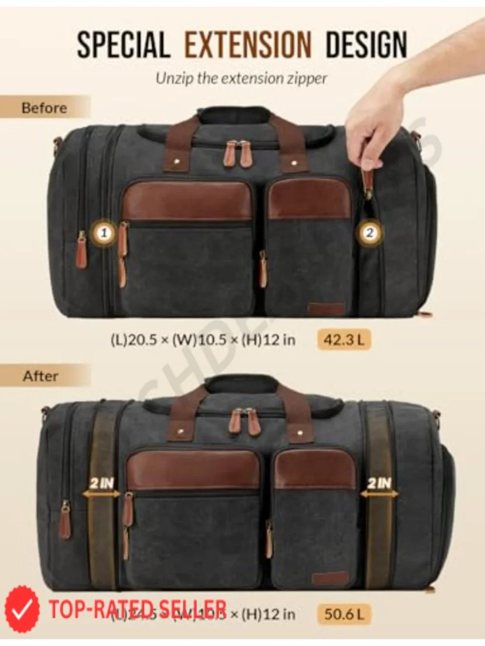 Canvas Duffle Bag for Travel 50L Expandable Weekender Overnight Gym